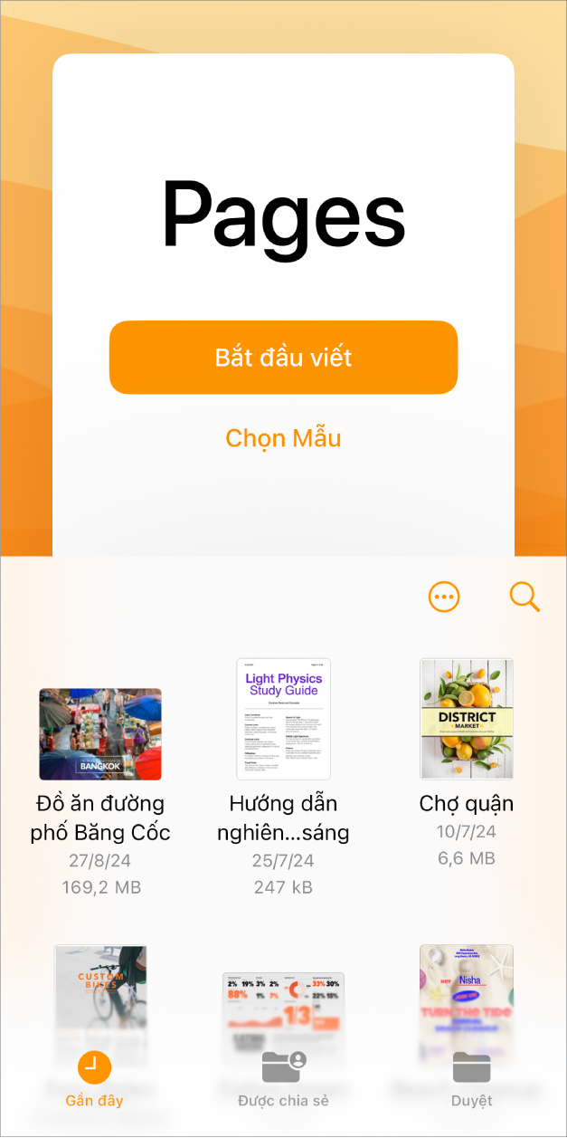 Trình quản lý tài liệu Pages có các nút để bắt đầu viết hoặc chọn mẫu ở đầu màn hình và các điều khiển để mở tài liệu đã lưu ở dưới cùng.