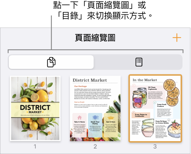 「頁面縮覽圖」顯示方式中包含每一頁的縮覽圖影像。「頁面縮覽圖」按鈕和「目錄」按鈕位於螢幕底部。