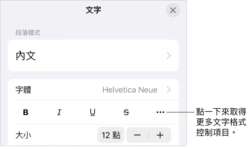 「格式」控制項目的「文字」標籤頁，說明文字指向「更多文字選項」按鈕。