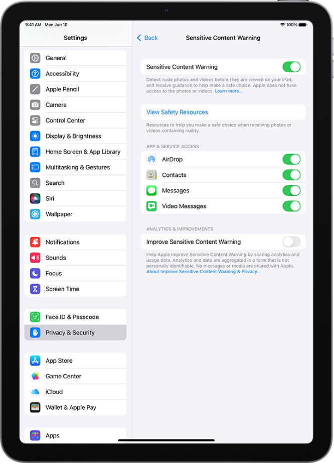 The settings for Sensitive Content Warnings, with a link labeled “View Safety Resources” and a button labeled Improve Sensitive Content Warning for sharing analytics and usage data with Apple.