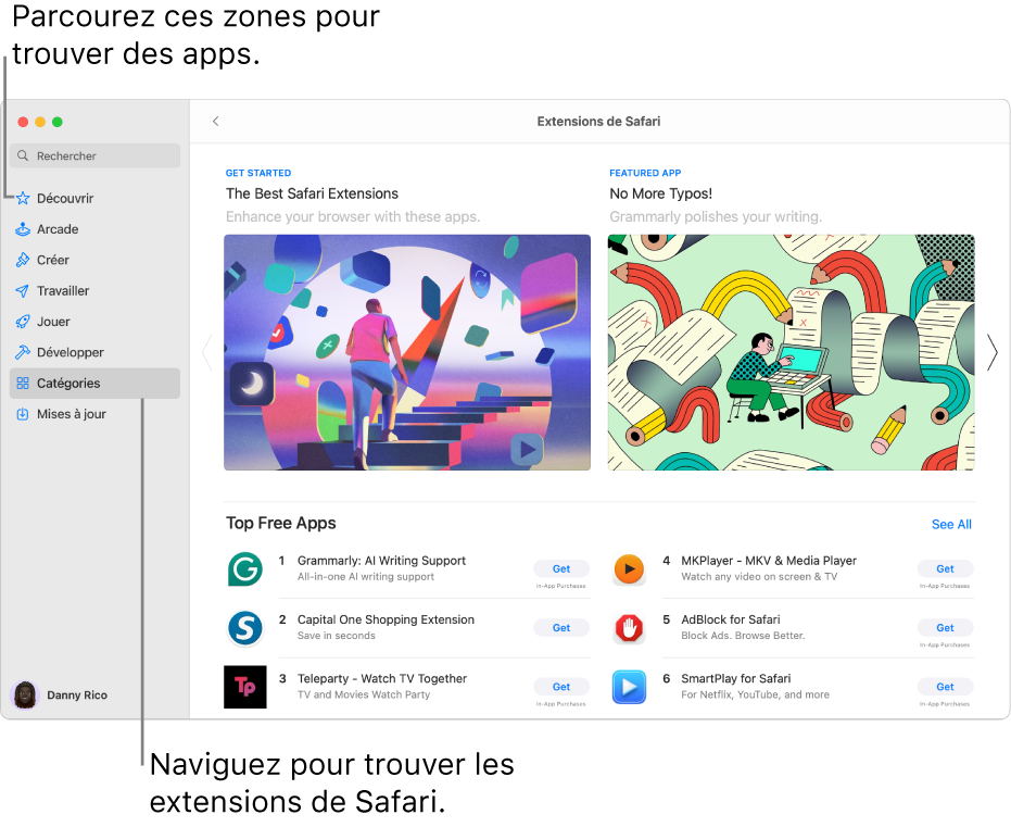 La page des extensions Safari du Mac App Store. La barre latérale située à gauche inclut des liens vers d’autres pages : Découvrir, Arcade, Créer, Travailler, Jouer, Développer, Catégories et Mises à jour. Les extensions Safari se trouvent à droite.