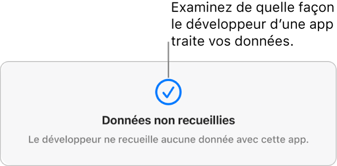 Une partie de la page principale du Mac App Store, qui affiche la politique de confidentialité du développeur de l’app sélectionnée.