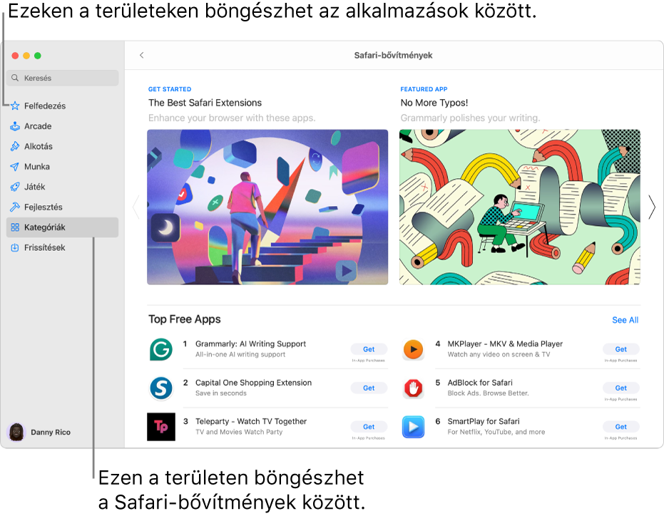 A Safari-bővítmények oldala a Mac App Store-ban. A bal oldali oldalsávon más oldalakra mutató hivatkozások láthatók: Felfedezés, Arcade, Alkotás, Munka, Játék, Fejlesztés, Kategóriák és Frissítések. A jobb oldalon az elérhető Safari-bővítmények láthatók.