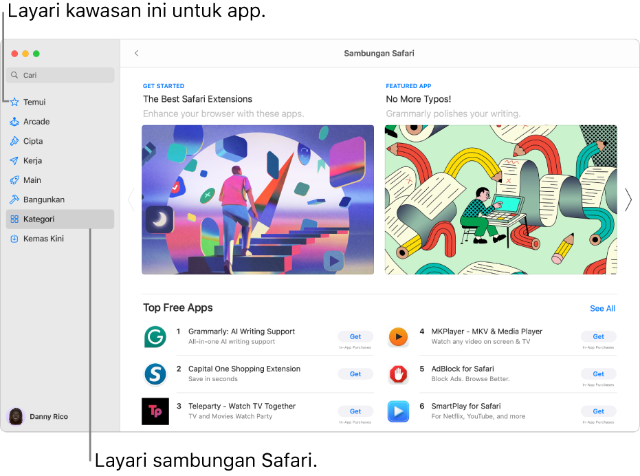 Halaman Mac App Store Sambungan Safari. Bar sisi di sebelah kiri termasuk pautan ke halaman lain: Temui, Arcade, Cipta, Kerja, Main, Bangunkan, Kategori dan Kemas Kini. Di sebelah kanan ialah sambungan Safari yang tersedia.