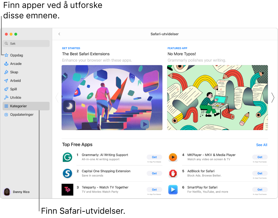 Siden for Safari-utvidelser i Mac App Store. Sidepanelet til venstre inneholder lenker til andre sider: Oppdag, Arcade, Skap, Arbeid, Spill, Utvikle, Kategorier og Oppdateringer. Til høyre er tilgjengelige Safari-utvidelser.