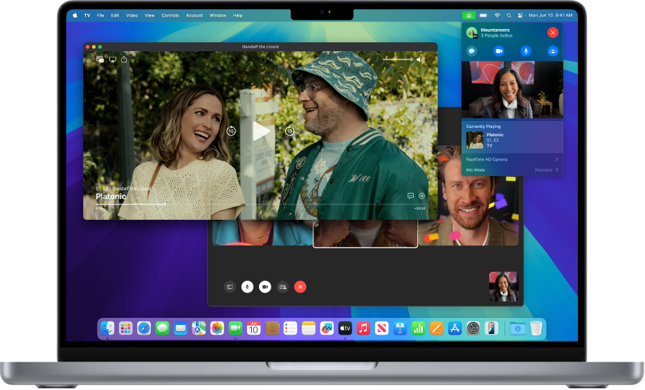 SharePlay on a Mac shown with the Apple TV app and a live FaceTime call.