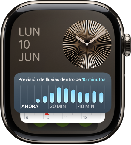 El grupo inteligente del Apple Watch con el widget de Temporizador en frente y dos widgets detrás.