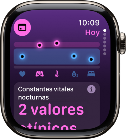 Pantalla de la app Constantes Vitales con dos valores atípicos de las métricas nocturnas.