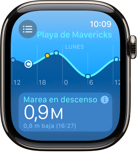 Una pantalla de la app Mareas con la información sobre las mareas de una ubicación.