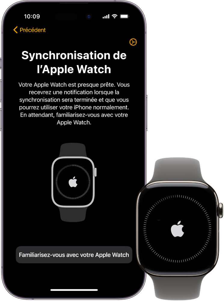 Un iPhone et une Apple Watch affichant leur écran de synchronisation.