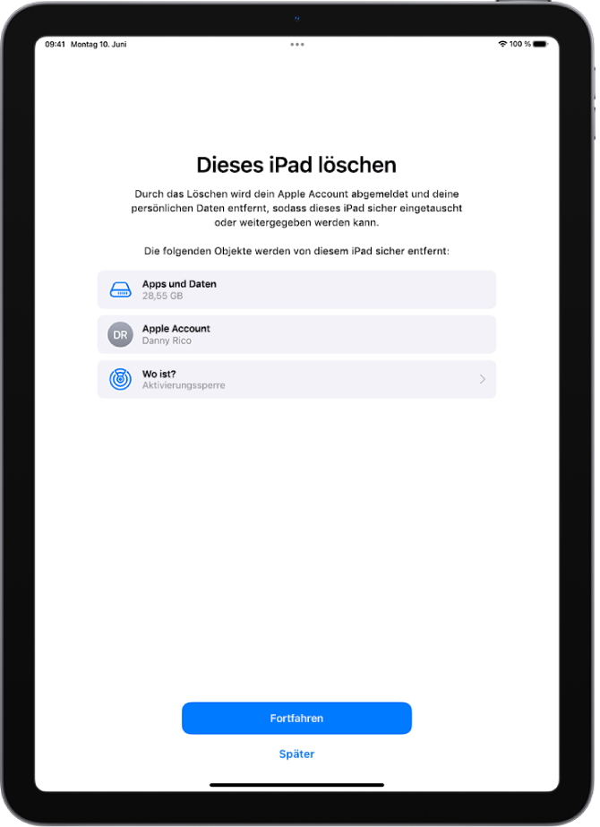 Der Bildschirm „Dieses iPad löschen“.