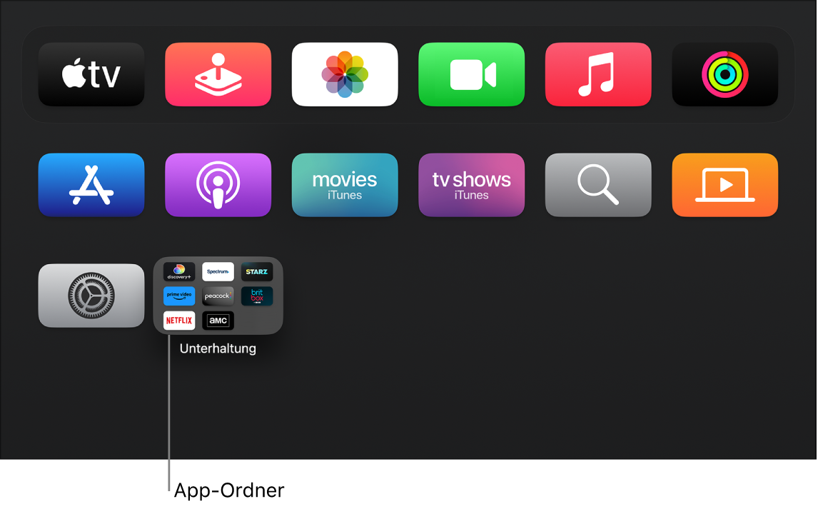 Der Home-Bildschirm des Apple TV zeigt einen App-Ordner an.