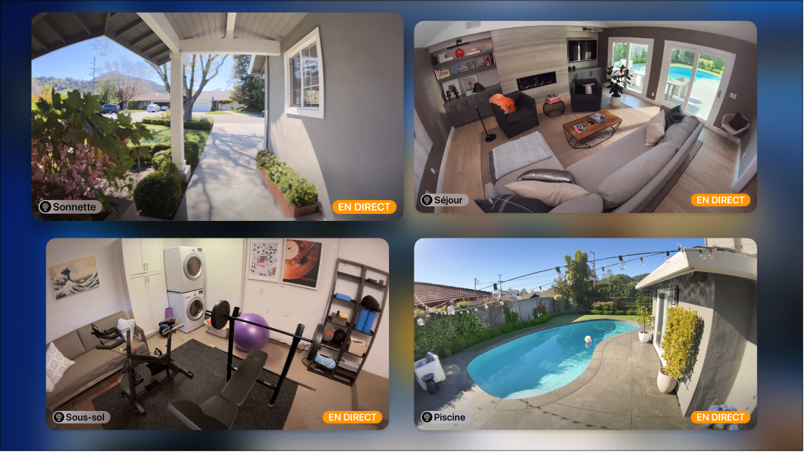 Écran de l’Apple TV affichant plusieurs caméras depuis la vue HomeKit