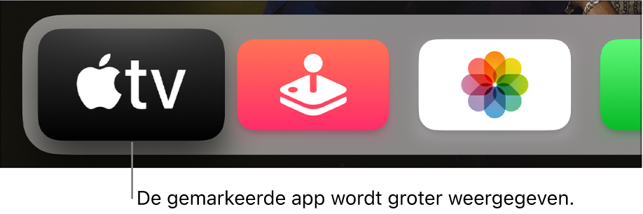 De Apple TV-app is gemarkeerd in de bovenste rij in het beginscherm van de Apple TV.