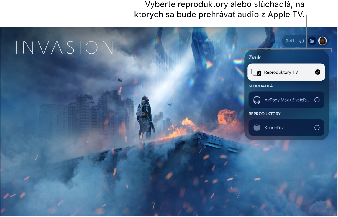 Obrazovka Apple TV so zobrazením ovládacích prvkov ovládacieho centra