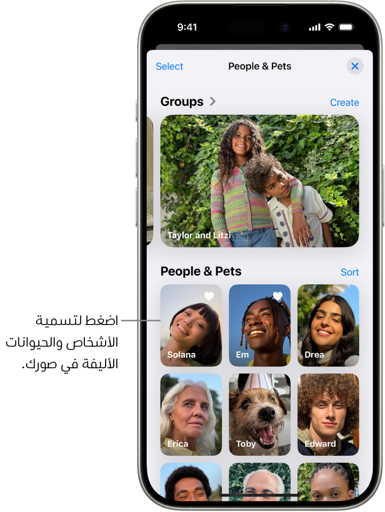 مجموعة الأشخاص والحيوانات الأليفة في تطبيق الصور. المجموعات تظهر في الجزء العلوي والأشخاص والحيوانات الأليفة مدرجة أدناه.