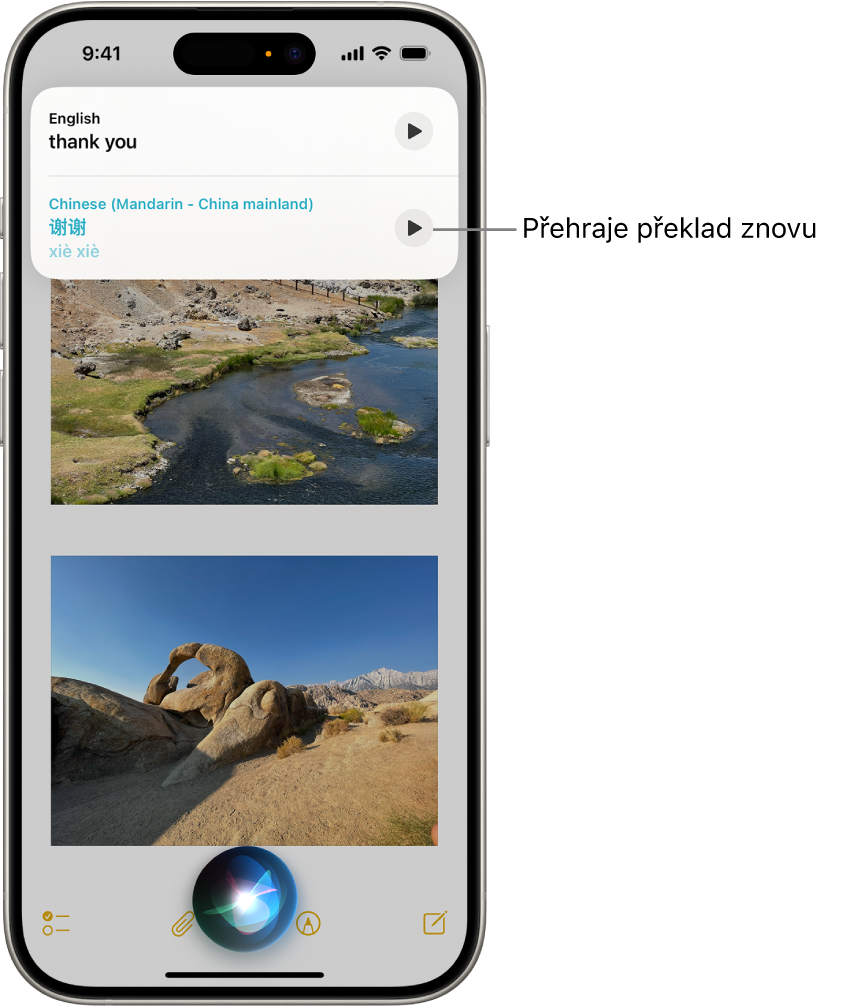Obrazovka iPhonu, na níž je dole vidět indikátor naslouchání Siri a nahoře odezva od Siri v podobě překladu [z angličtiny do mandarínštiny]