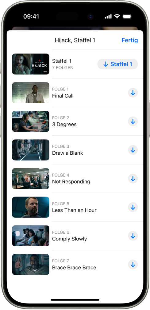 Der Tab „Apple TV+“ mit einer Liste von Episoden eines Apple Originals. Auf der rechten Bildschirmseite werden Tasten zum Laden der ganzen Staffel oder jeder Folge angezeigt.