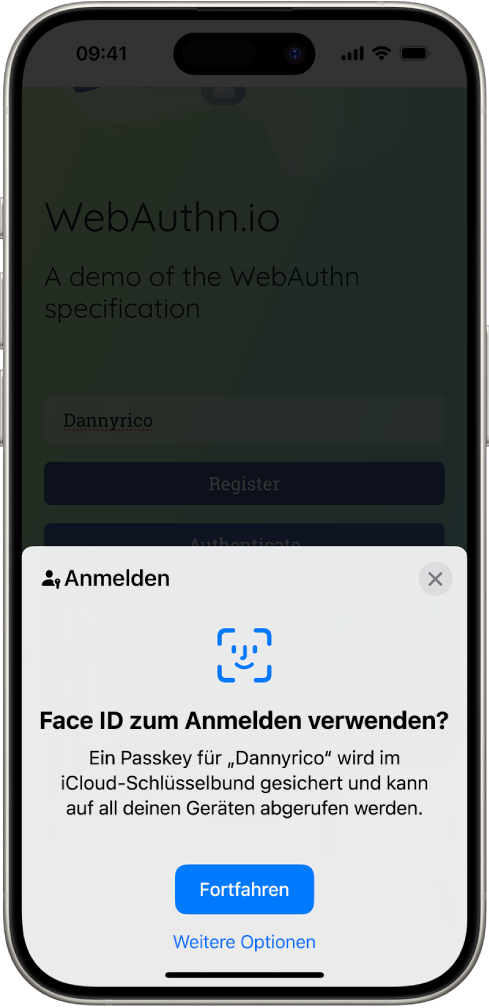 Auf der unteren Hälfte des iPhone-Bildschirms wird die Option zum Verwenden von Passkeys für die Anmeldung bei einer Website angezeigt. Die Taste „Fortfahren“ zum Sichern eines Passkeys und die Taste „Weitere Optionen“ werden angezeigt.