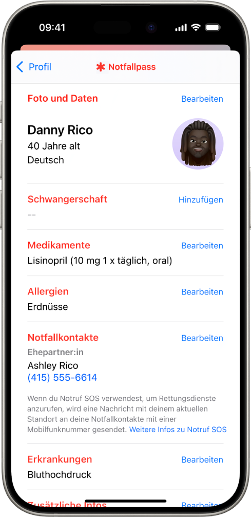 Ein Notfallpass-Bildschirm mit Informationen wie Geburtsdatum, Medikamente, Allergien, Notfallkontakte und Erkrankungen.