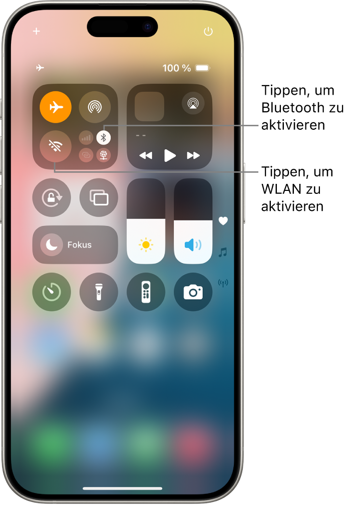 Das Kontrollzentrum mit der aktivierten Option „Flugmodus“ und den deaktivierten Optionen „WLAN“ und „Bluetooth“. Die Tasten zum Aktivieren von „WLAN“ und „Bluetooth“ befinden links oben im Kontrollzentrum.