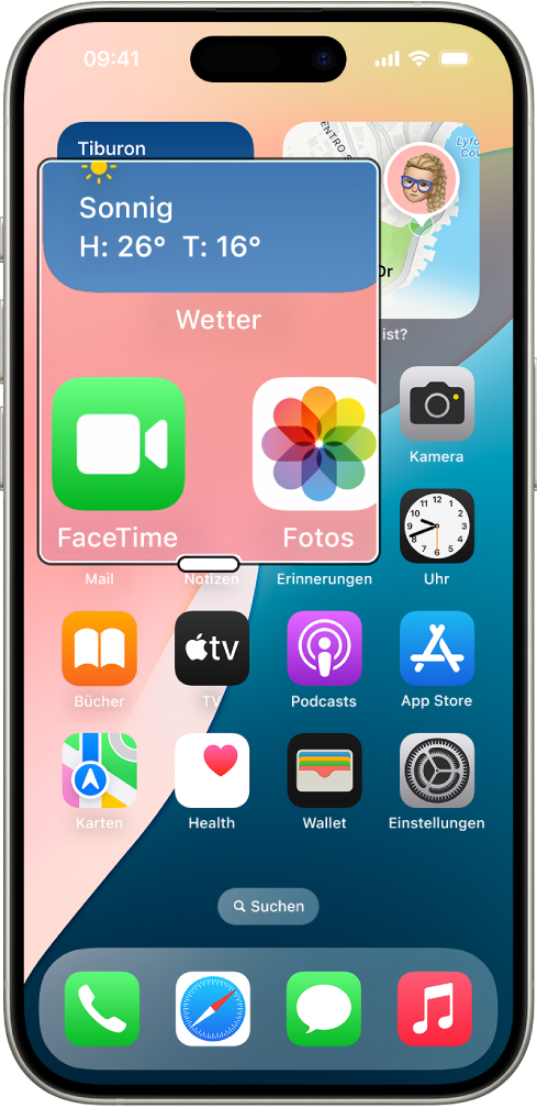 Der Home-Bildschirm eines iPhone mit einem vergrößerten Bildschirmteil in einem Fenster.