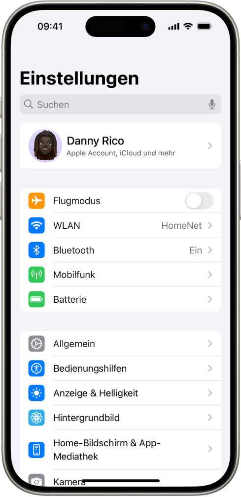 Bildschirm der App „Einstellungen“ mit dem Suchfeld oben und mehreren Einstellungen, darunter „WLAN“, „Mitteilungen“ und „Töne & Haptik“, darunter.