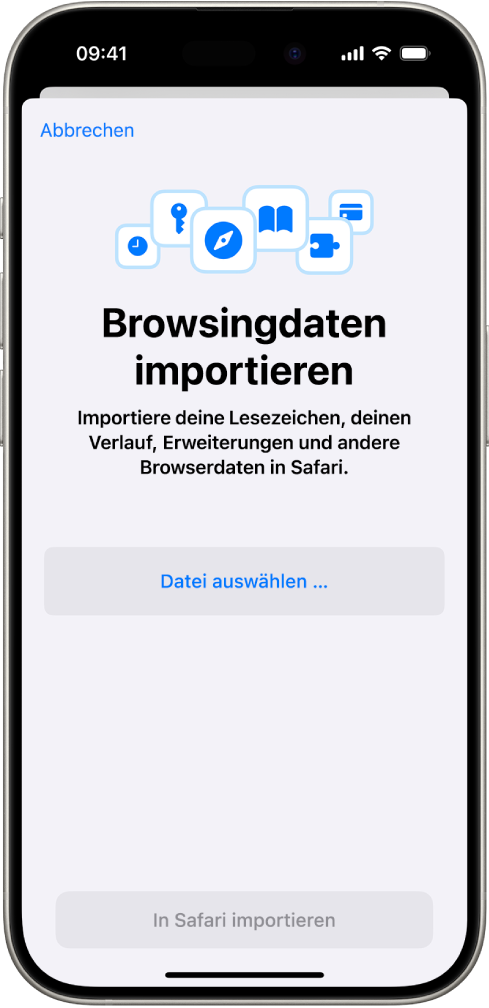 Der Bildschirm „Browsingdaten importieren“ mit den Daten von einem anderen Browser, die in Safari importiert werden sollen.