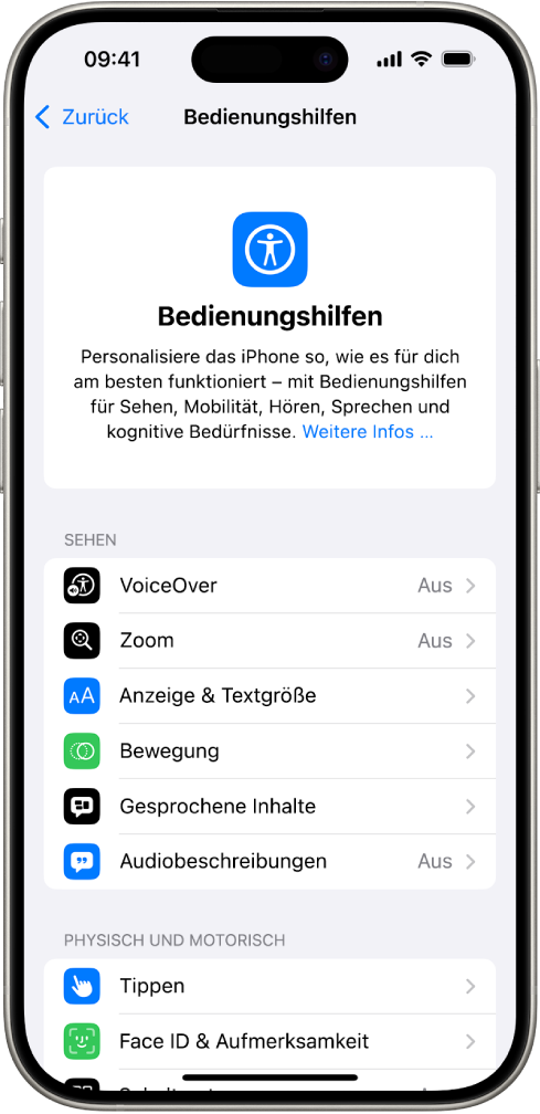 Der Bedienungshilfenbildschirm in der App „Einstellungen“ zeigt die integrierten Funktionen für Unterstützung bei „Sehen“ und „Physisch und motorisch“ an. Scrolle nach unten, um die Funktionen für „Hören“, „Sprechen“ und „Allgemein“ anzuzeigen.