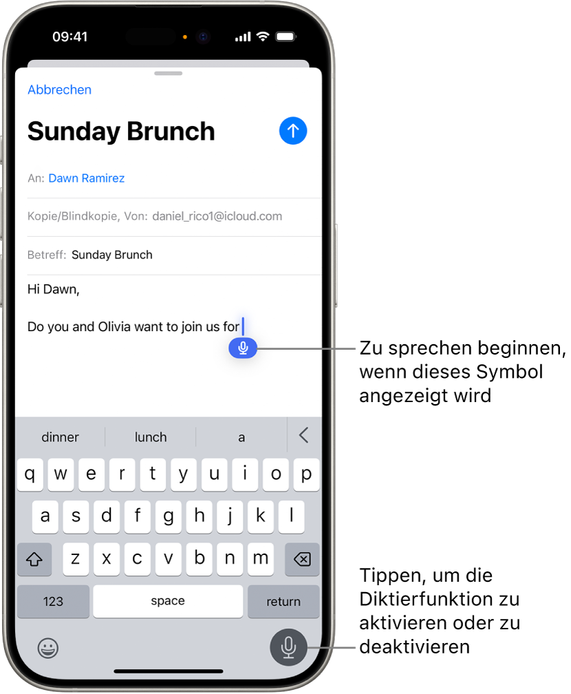 Die Online-Bildschirmtastatur ist in der App „Mail“ geöffnet. Die Taste „Diktat“ unten rechts auf dem Bildschirm wird ausgewählt und die Taste „Diktat“ erscheint unter der Einfügemarke im Eingabefeld.