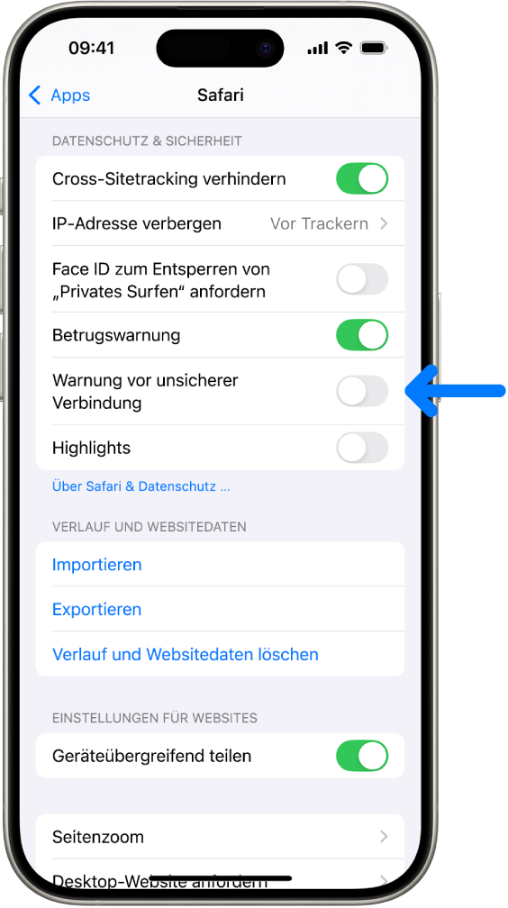 Das Steuerelement „Warnung vor unsicherer Verbindung“ befindet sich unter „Datenschutz & Sicherheit“ im Bildschirm „Safari“ in „Einstellungen“.