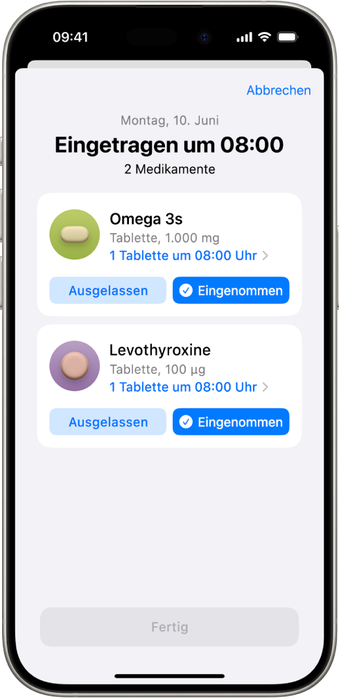 Der Bildschirm „Medikamente“ in der App „Health“ mit einem Protokoll für die Medikamenteneinnahme.