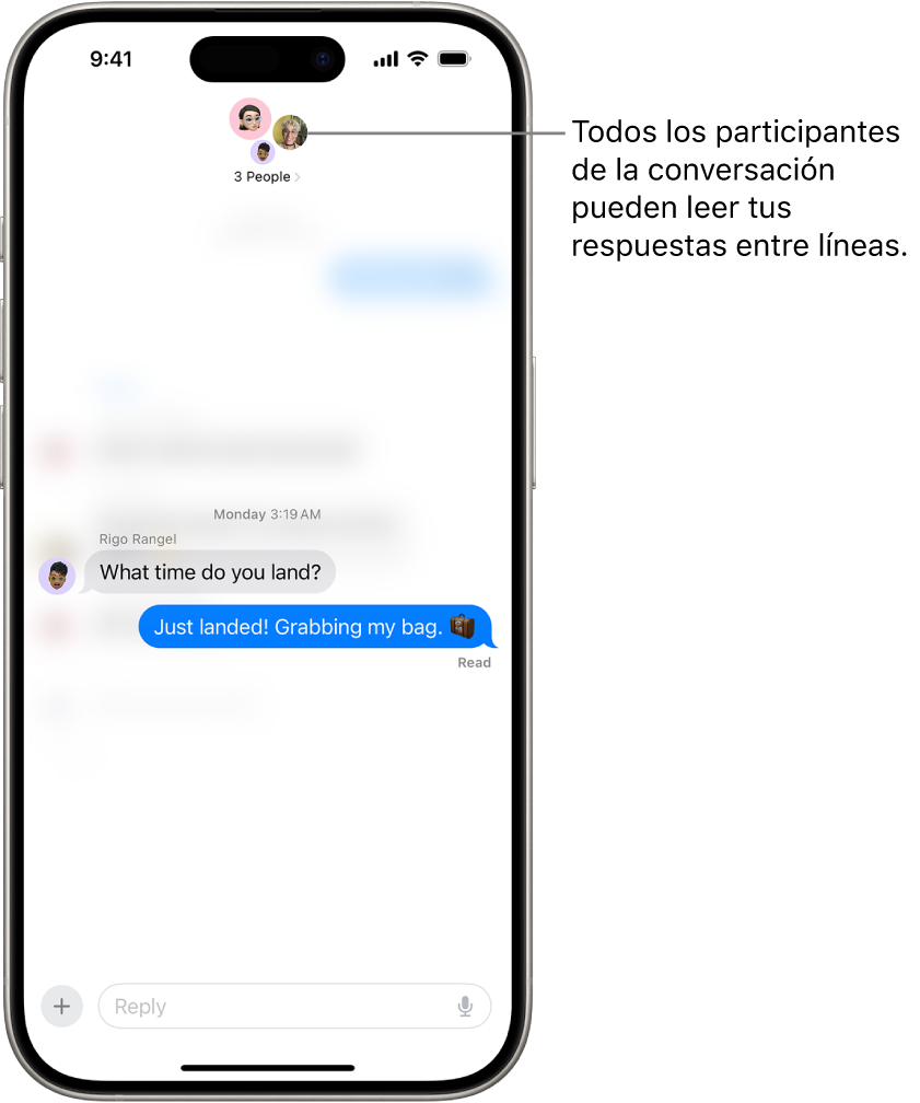 Se muestra cómo se escribe una respuesta entre líneas en una conversación grupal en Mensajes. En la parte superior de la pantalla hay íconos de las personas en el grupo. En teclado en pantalla está en la mitad inferior de la pantalla. La mayor parte de la conversación del mensaje se difumina, excepto el texto específico al que se responde con una respuesta entre líneas.