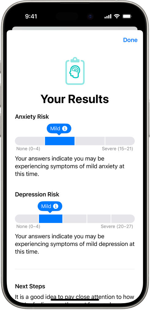 Una pantalla en la app Salud mostrando resultados de un cuestionario de salud mental.