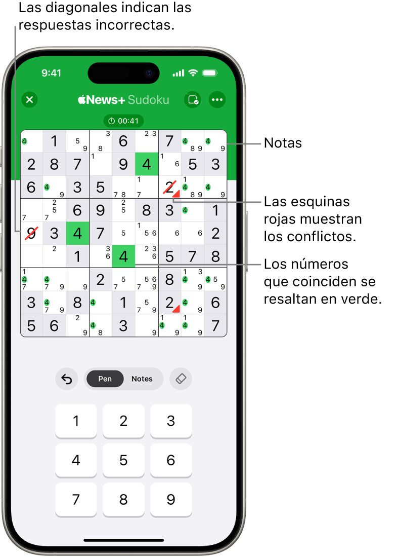 Un juego de sudoku con varias funciones activadas: Notes, Highlight Matching Numbers, Show Conflicts, y Autocheck.