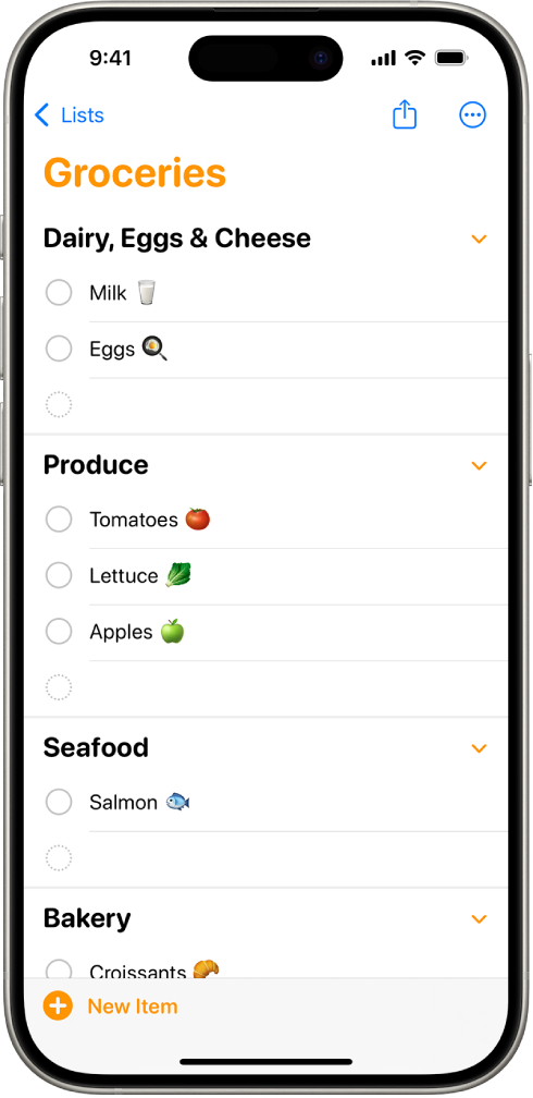 La app Recordatorios muestra una lista de compras del súper con artículos en categorías como Frutas y verduras y Pescados y mariscos.