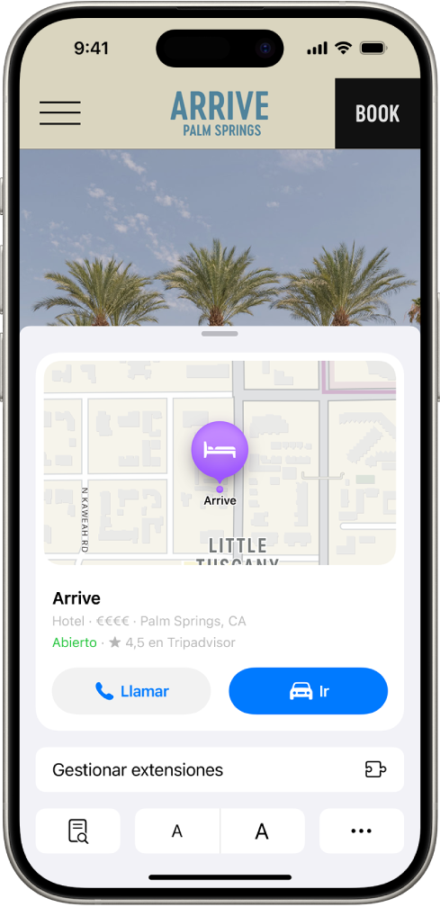 La app Safari con información destacada sobre un destino de hotel en Palm Springs, con un mapa, botones para llamar al hotel y obtener indicaciones y un enlace para hacer una reserva.