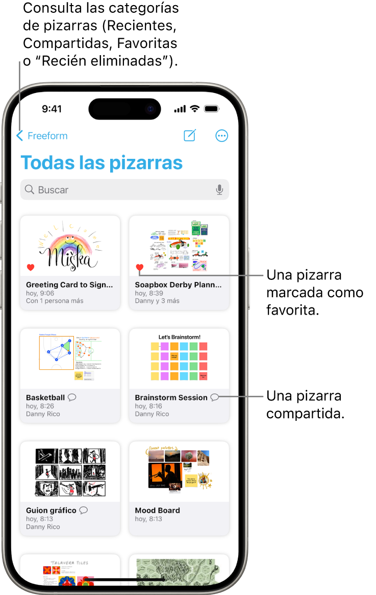 La pantalla “Todas las pizarras” de Freeform está abierta y muestra ocho miniaturas de pizarras.