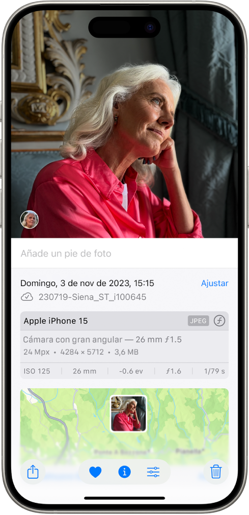 Hay una foto abierta en la app Fotos. La mitad inferior de la pantalla muestra la información de la foto, que incluye, de arriba abajo, la fecha y la hora, el nombre del archivo, el modelo de iPhone y los ajustes de la cámara, y un mapa del lugar donde se hizo la foto.