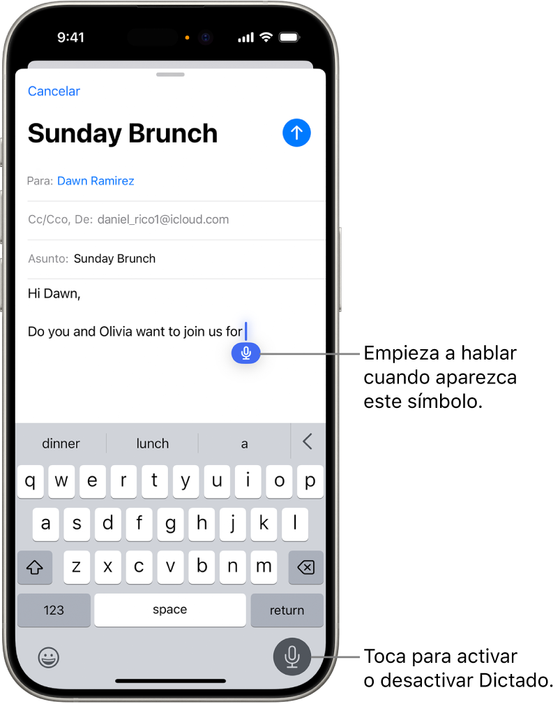 El teclado en pantalla está abierto en la app Mail. El botón Dictado en la esquina inferior derecha de la pantalla está seleccionado y el botón Dictado aparece debajo del punto de inserción en el campo de texto.