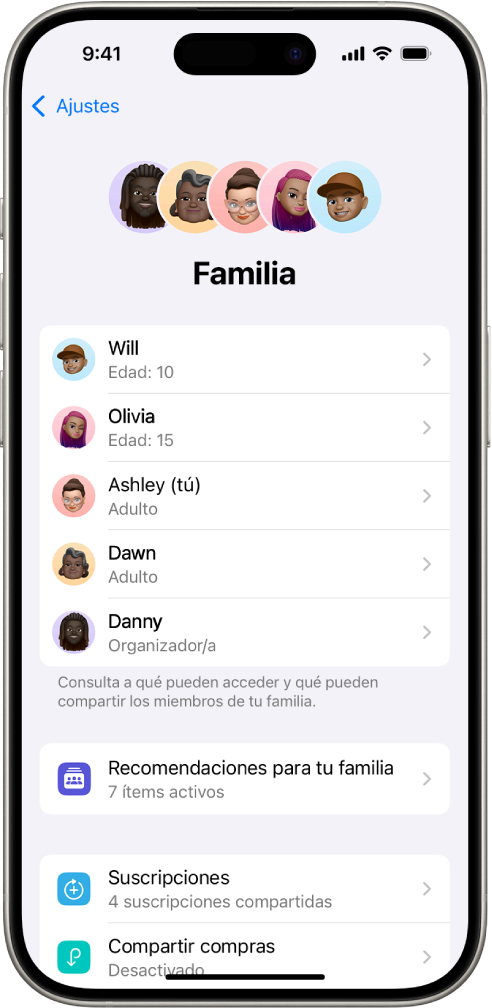 Pantalla “En familia” en Ajustes. Aparece una lista de cinco miembros y hay cuatro suscripciones compartidas con “En familia”.