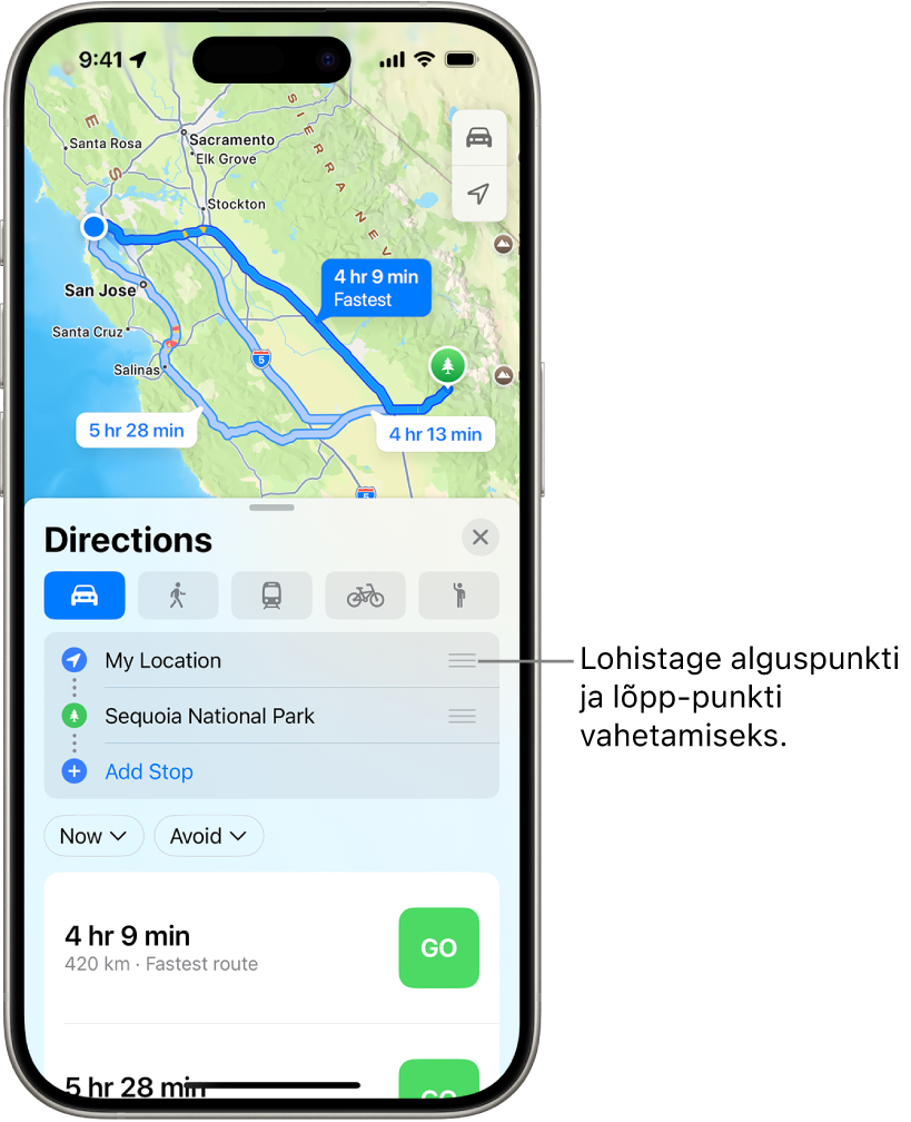 Kaart mitme erineva marsruudi sõidujuhistega asukoha My Location ja sihkoha vahel.