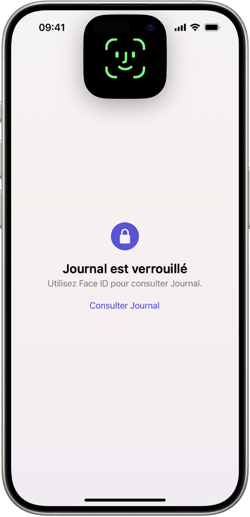 Un écran qui vous invite à utiliser Face ID pour verrouiller votre journal.