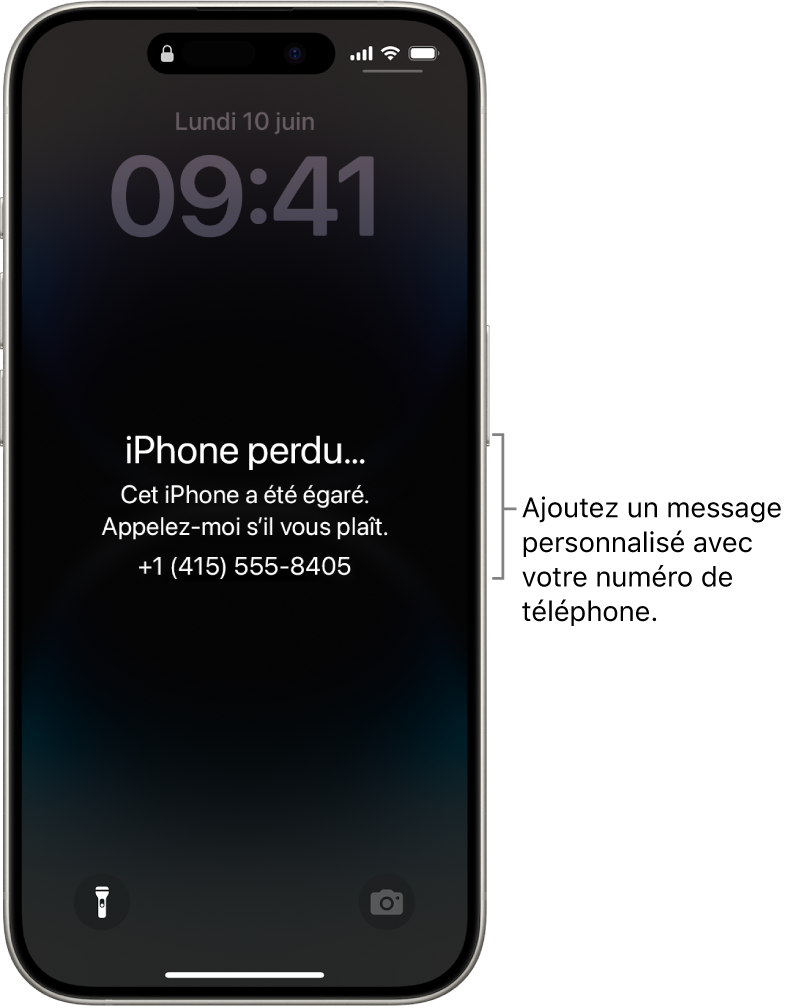 Écran verrouillé d’un iPhone avec un message indiquant que l’iPhone a été égaré. Vous pouvez ajouter un message personnalisé avec votre numéro de téléphone.