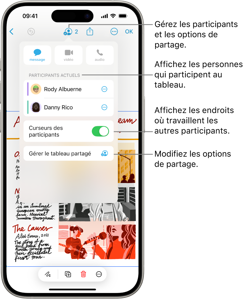 Un tableau Freeform partagé sur iPhone avec le menu de collaboration ouvert.