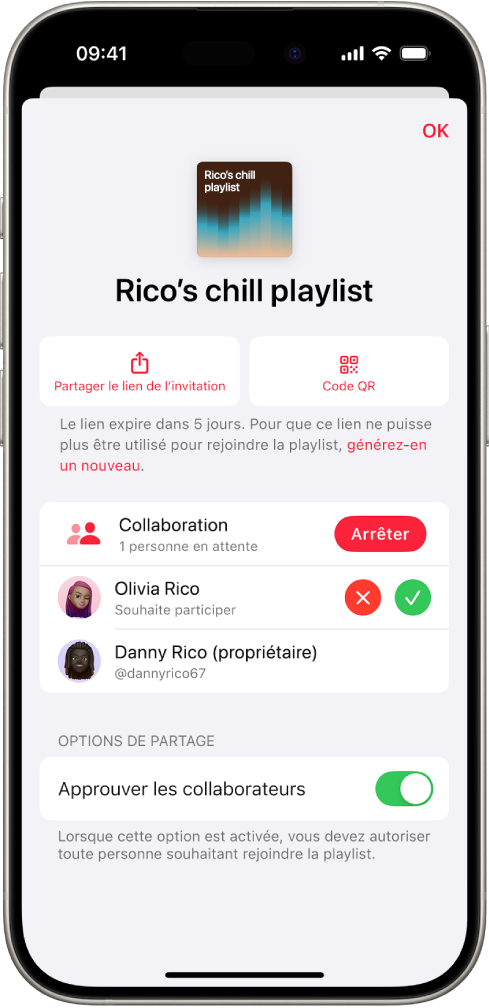 L’écran « Gérer la collaboration » de l’app Musique.