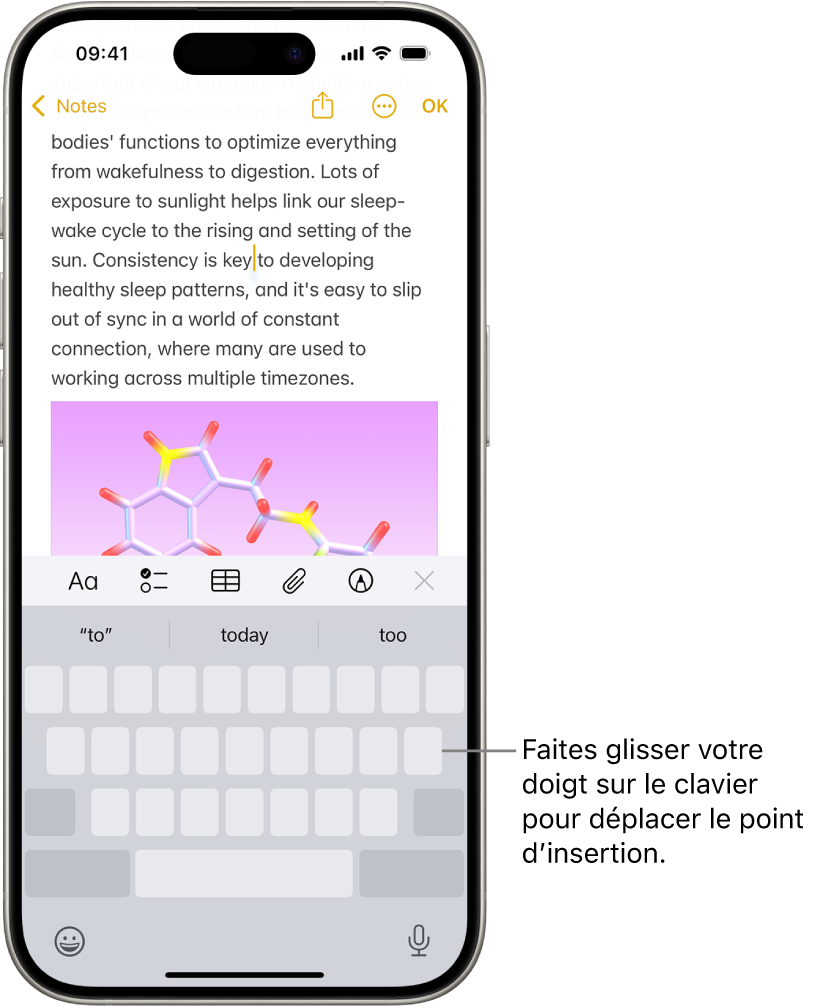 Un document est ouvert dans l’app Notes. Le clavier à l’écran dans la partie inférieure de l’écran est en mode trackpad.