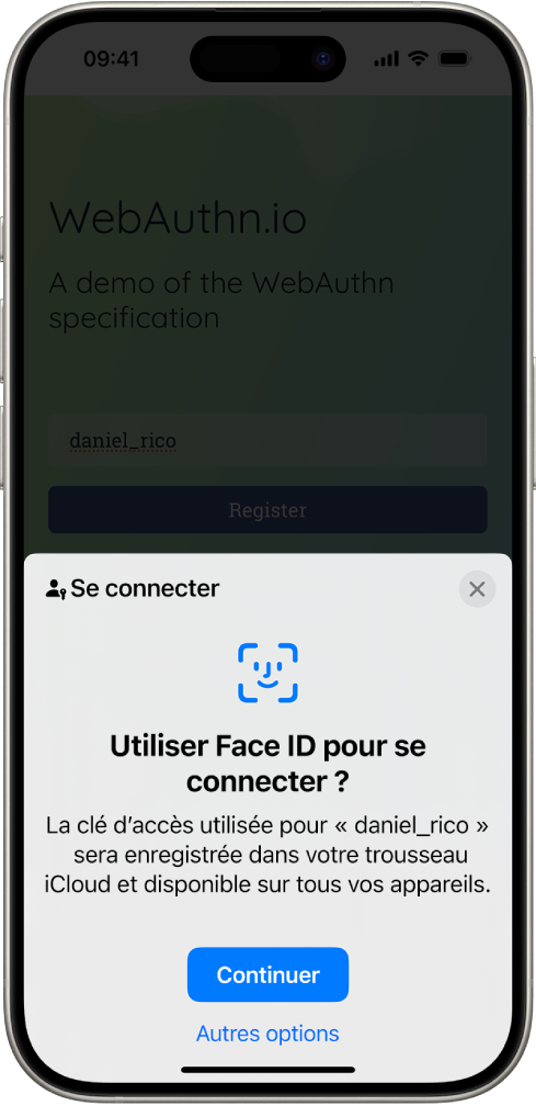 Un écran de connexion qui apparaît lorsqu’une clé d’accès est enregistrée pour le compte. Les onglets Continuer et « Autres options » se trouvent en bas de l’écran.