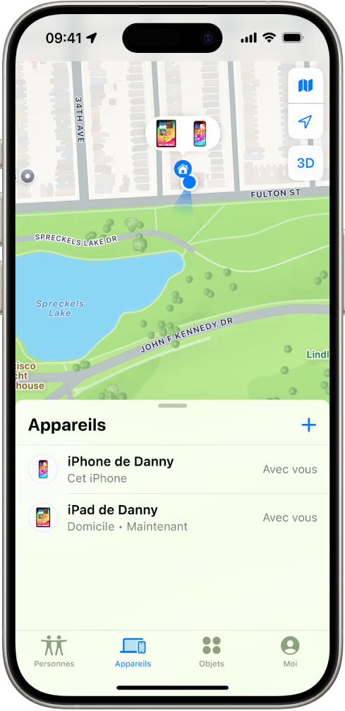 L’écran Localiser affichant deux appareils au domicile.