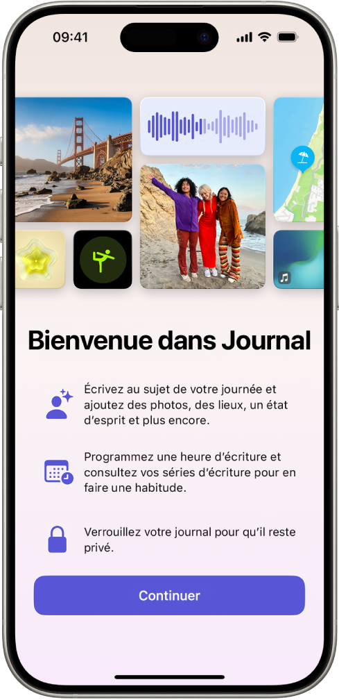 L’écran de bienvenue de l’app Journal.